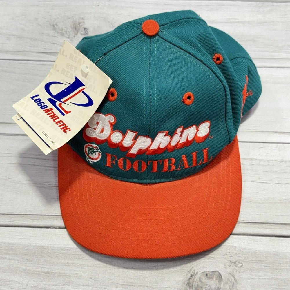 VTG Logo Athletic Miami Dolphins Hat Cap Blue Orange Snapback Script 90s NWT